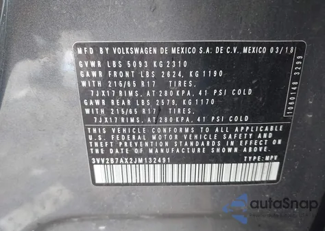 2018 Volkswagen Tiguan 2.0T Se/2.0T Sel from USA, damaged, VIN 3VV2B7AX2JM132491